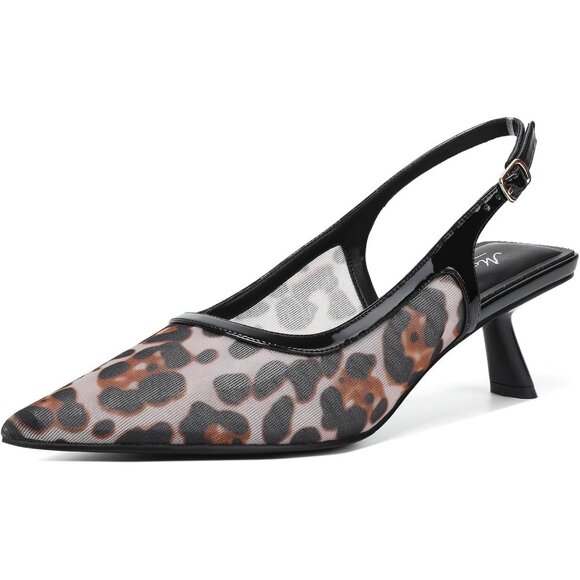 Mostrin Kitten Heels Leopard Mesh Low Slingback Heels with Buckle Dress Shoes - Picture 1 of 9